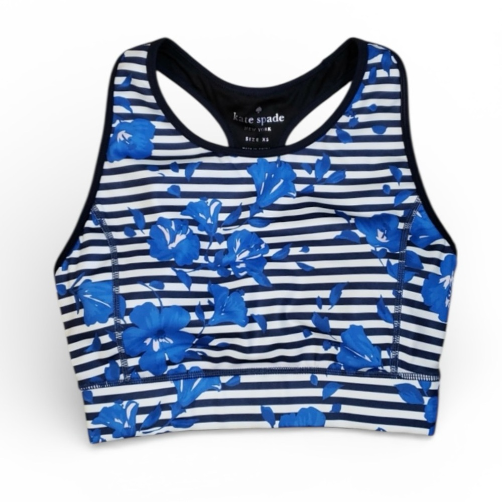 Kate Spade Hibiscus Striped Sport Bra Size XS NWT Blue Black White Floral